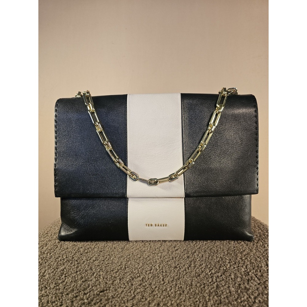 Ted Baker Black & White Colorblock Shoulder Handbag Magnetic Closure Gold Chain